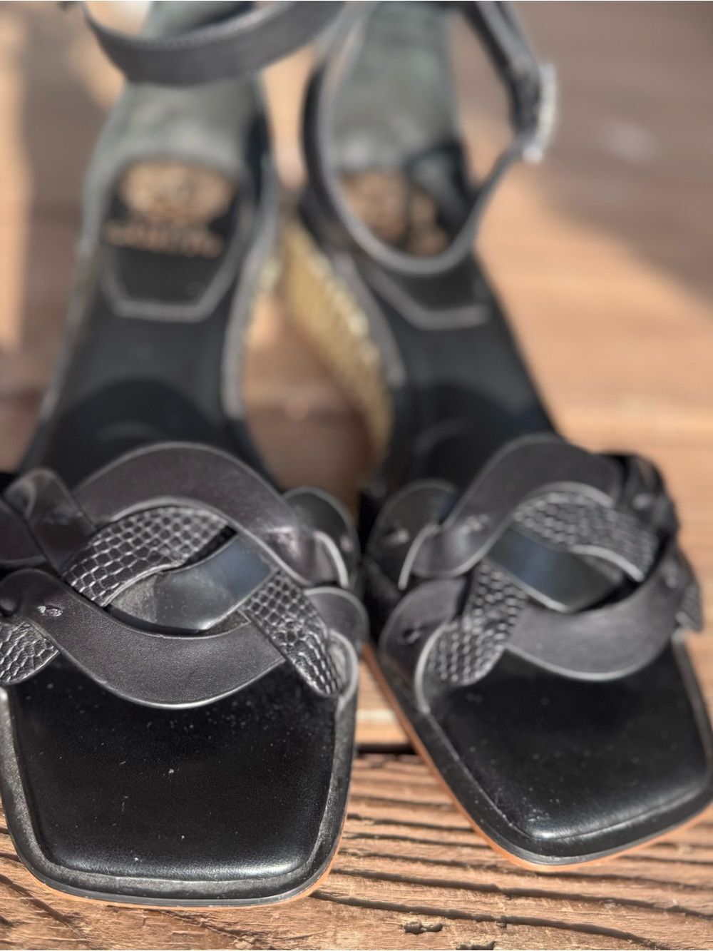 Vince Camuto Black Braided Square Toe Heels Ankle Strap Sandals